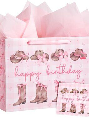 13" Large Pink Cowgirl Birthday Gift Bag with Card and Tissue Paper - Western Bo